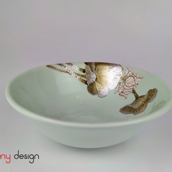 Light green bowl hand-painted with lotus 22cm